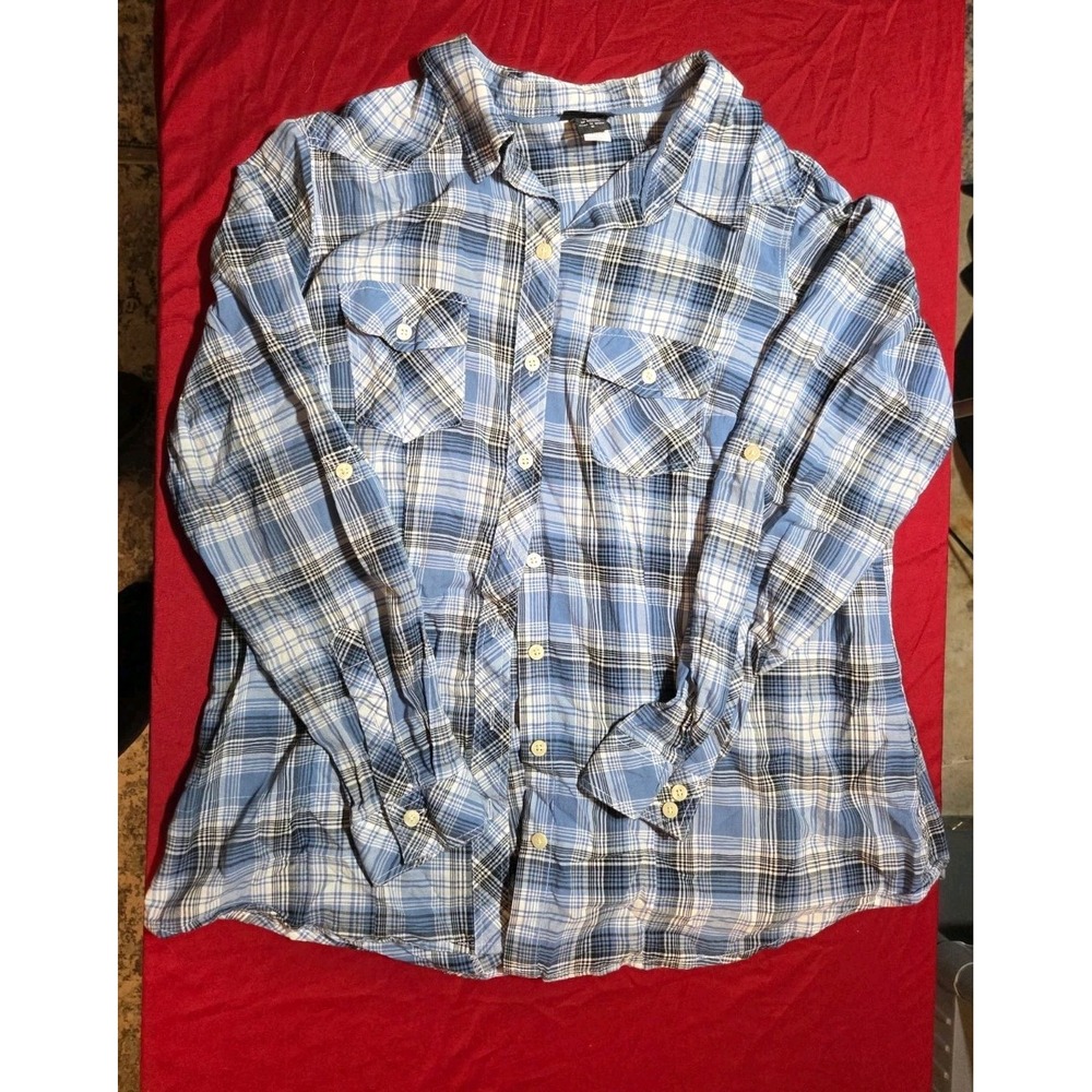 362 Torrid Women's Plaid Button Up Shirt Blue White Long Sleeve Double Pockets
